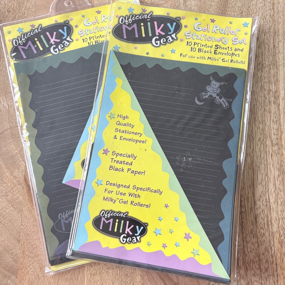 2 VNTG 1999 NEW MILKY GEAR GEL ROLLER STATIONARY SET 10 BLACK SHEETS ENVELOPES